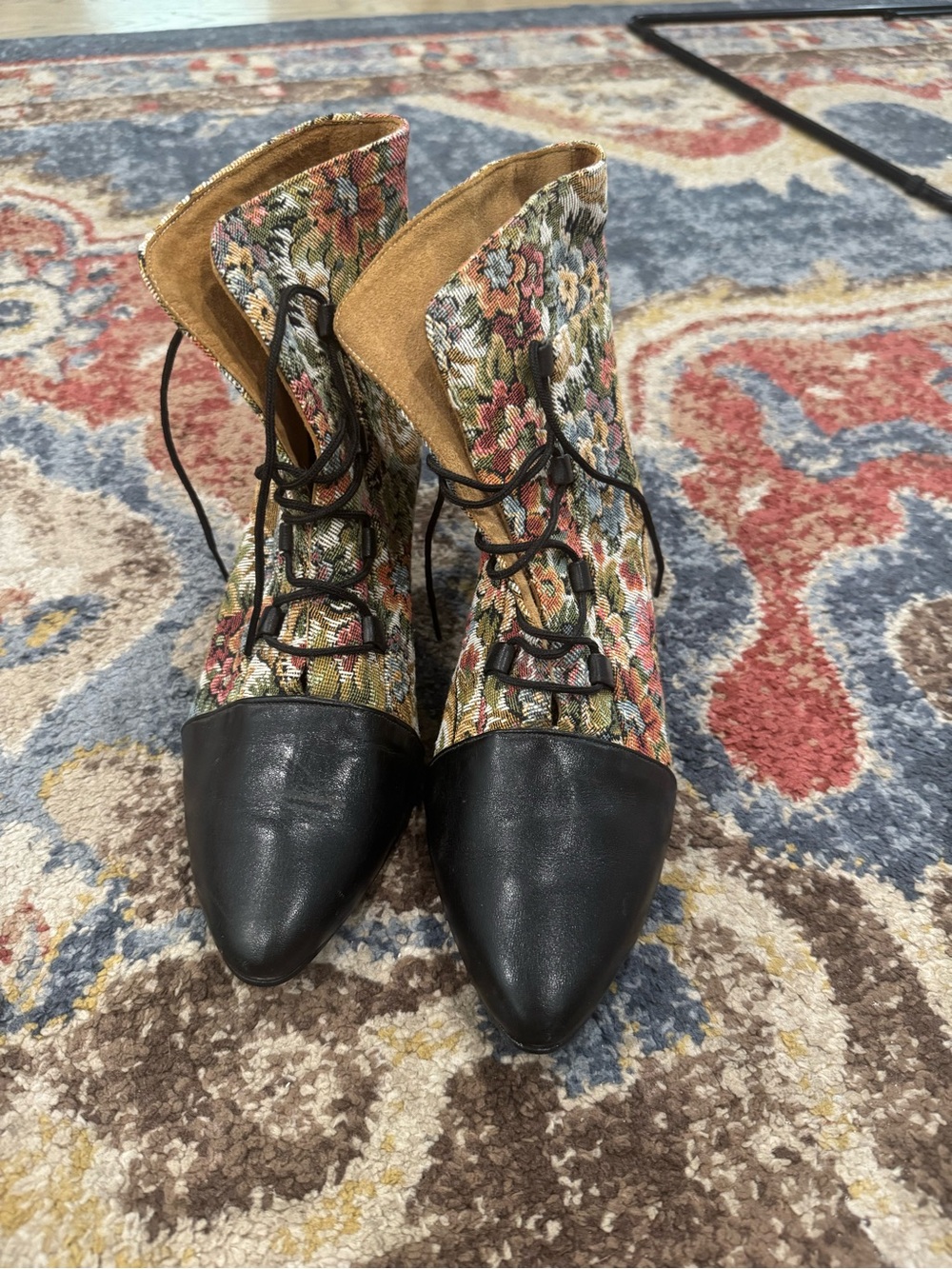 Floral Tapestry Lace-Up Pointed Toe Ankle Boots - Black & Multicolor